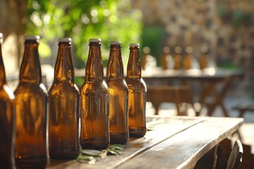 Cold beer bottles styled on a rustic table for photography or branding.