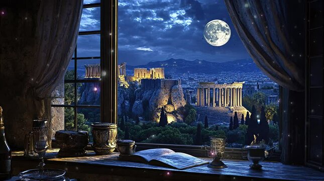 Cozy coffee and book by a window with a dreamy fantasy landscape under a glowing full moon  
Seamless looping 4k time-lapse virtual video animation Generated AI