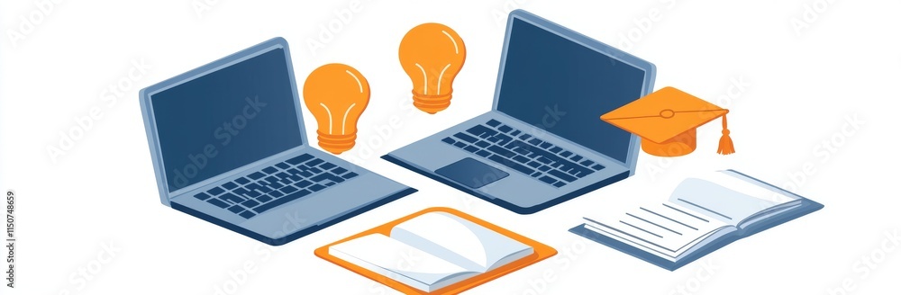 Poster a set of illustrations focusing on self-development, with characters learning online through laptops