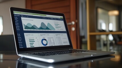 Data analysis workspace with laptop and plants on wooden desk