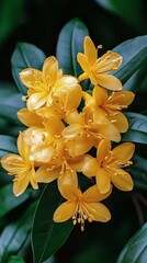 Fototapeta premium Bright yellow flowers blooming among lush green leaves in a natural setting