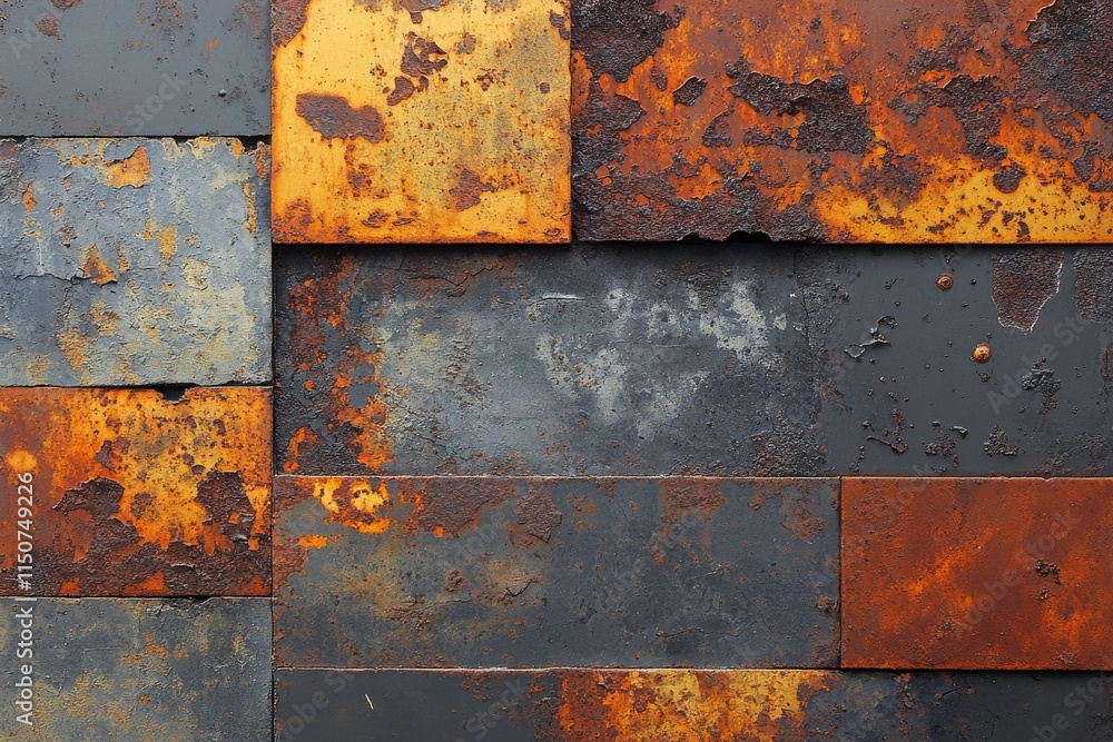 Poster rustic metal texture showing a mixture of rust and dark hues in a contemporary setting of layered pa