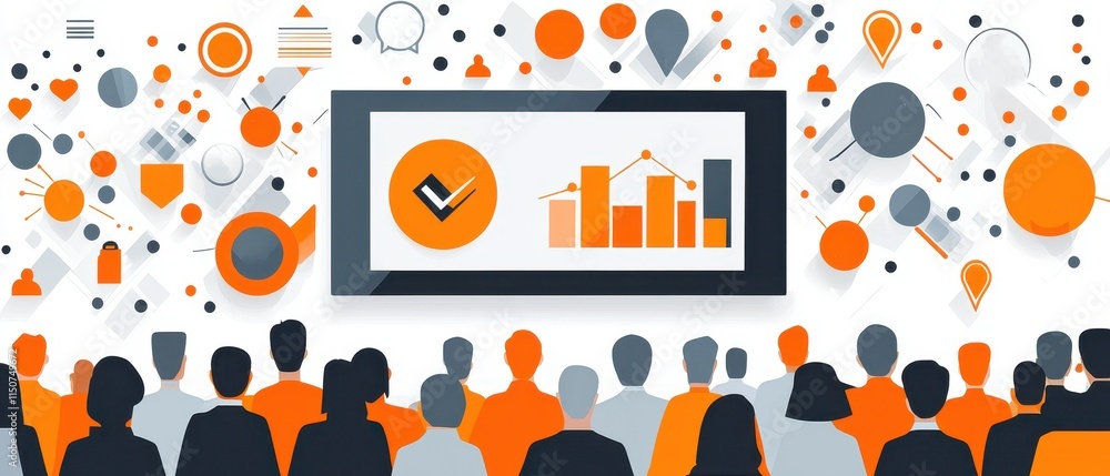 Aufkleber business presentation with graphs and team audience in modern design