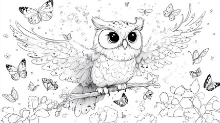 Cartoon Owl Playfully Chasing Butterflies in Coloring Book Page for Kids