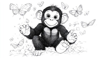 Fototapeta premium Playful Chimpanzee Chasing Butterflies - Kids Coloring Book Illustration