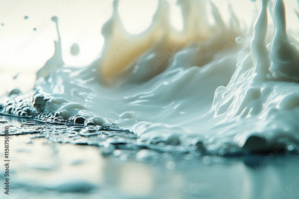 Poster close-up of creamy milk splashing, creating dynamic texture and waves.
