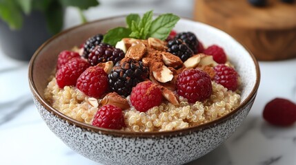 Quinoa bowl topped with berries and almonds served on a kitchen counter