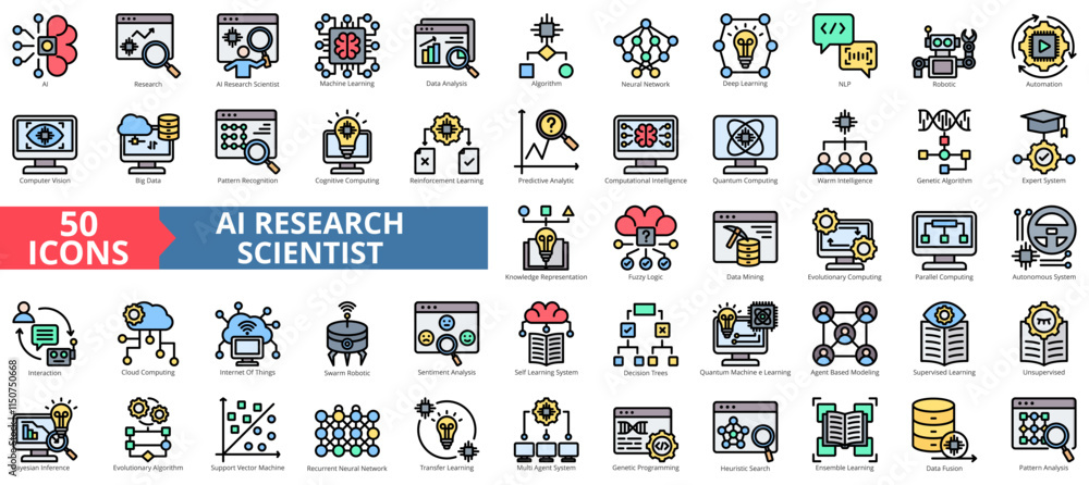 Poster AI research scientist icon collection set. Containing artificial intelligence, machine learning, data analysis, algorithm, neural network, deep, nlp icon. Simple flat outline vector illustration