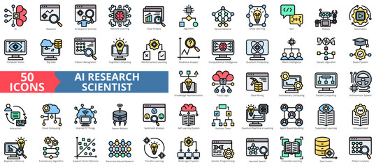 AI research scientist icon collection set. Containing artificial intelligence, machine learning, data analysis, algorithm, neural network, deep, nlp icon. Simple flat outline vector illustration