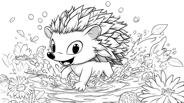 Cute Cartoon Hedgehog Splashing in Pond - Kids' Coloring Book Page