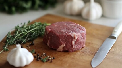 Fototapeta premium Fresh Raw Beef Steak on Wooden Cutting Board with Herbs and Garlic