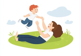 A heartwarming instant captures a mother lifting her child who is laughing, framed by the blue expanse of the sky and the verdant fields below.