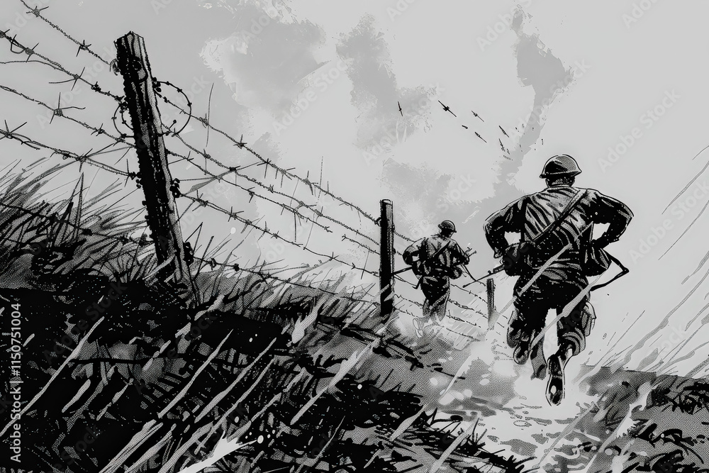 Poster group of soldiers running through a field with barbed wire. scene is intense and chaotic
