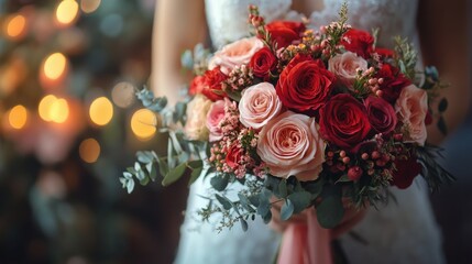 Obraz premium Beautiful bouquet of red and pink roses with greenery in autumn light