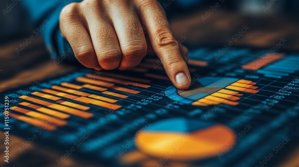 Poster business professional analyzing financial data using interactive pie chart during a meeting