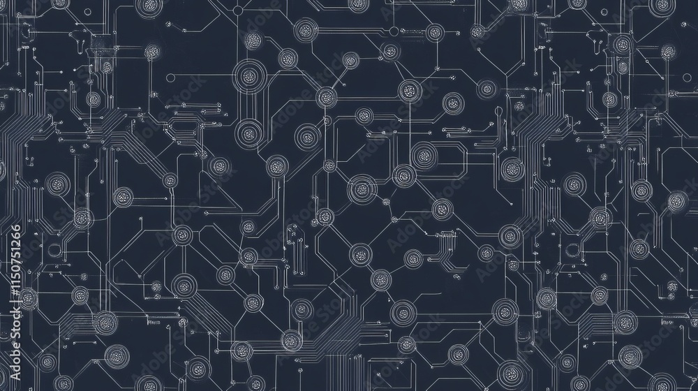 Poster blue fine circuit trace lines on a dark technological background, evoking an abstract digital tech v