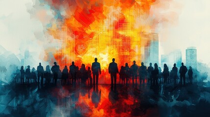 Group Silhouettes Against a Fiery Abstract City Background