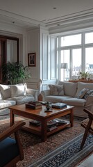 Naklejka premium Elegant living room with city skyline view at night in a modern high-rise building