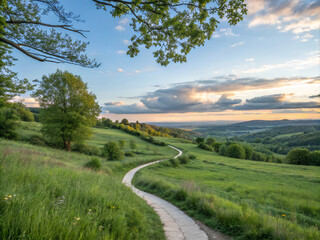 road, landscape, sky, field, grass, nature, path, countryside, rural, green, country, summer, clouds, meadow, tree, cloud, way, dirt, forest, hill, horizon, land, mountain, travel, track