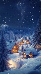 Fototapeta premium A cozy winter scene of snow-covered cottages lit by warm golden lights, with soft snowflakes falling. A winter wonderland evoking warmth and joy. HD phone wallpaper.