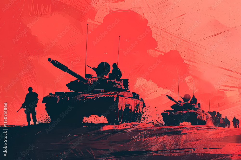 Poster group of soldiers are walking down a road with two tanks in the background. the scene is set in a de