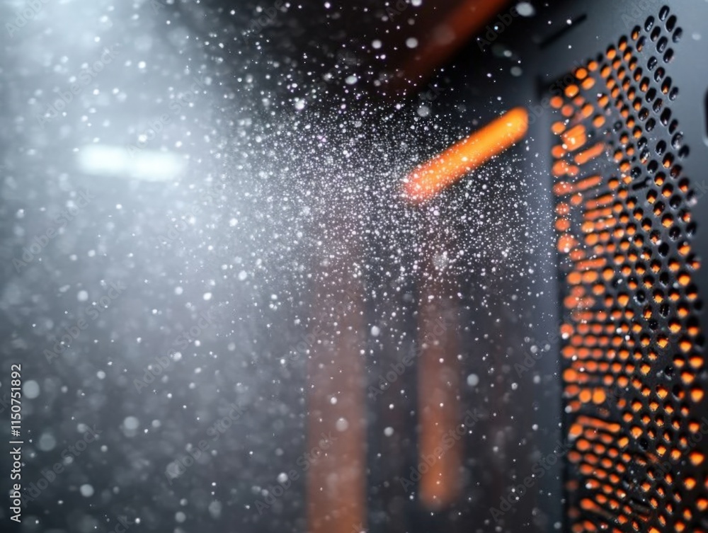 Poster close-up of a computer's cooling system with particles spraying.