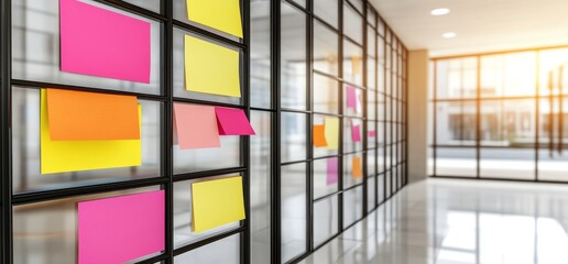 Sticky notes and diagrams covering a wall embody the concepts of brainstorming, planning, and project management.