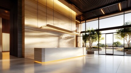 Fototapeta premium Renovated lobby space, textured walls, open room doors, warm lighting