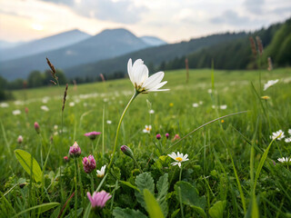 field of daisies. flower, nature, meadow, field, grass, summer, spring, sky, landscape, flowers, daisy, plant, blue, sun, mountain, white, blossom, beauty, countryside, yellow, season, bloom, cloud, f