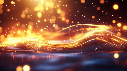 This piece of digital art showcases graceful orange and blue waves, accentuated by radiating bokeh lights on a dark canvas, resulting in a visually dynamic and modern design.