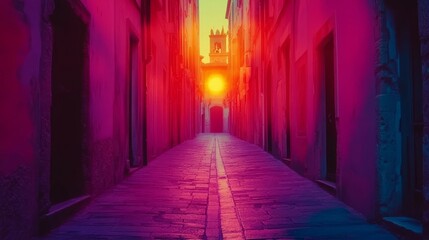 At twilight, a deserted city alley with gothic architecture comes to life through digital artwork, summoning an ancient ruins fantasy illustration.