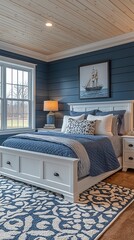 Nautical Haven: Navy & White Stripes, Rope Accents, and Model Ship Bedroom Decor