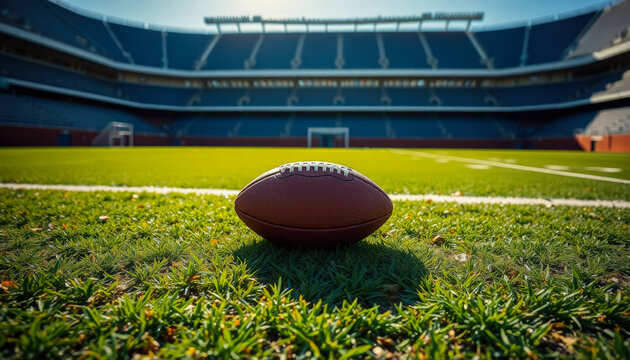 A football placed on a vibrant green field inside a stadium during the day, ready for the big game.