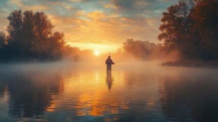 Fishing at dawn with vibrant sunrise and mist reflecting on the water surface