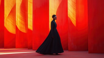 Elegant Woman in Black Dress Walking Through Vibrant Red Columns