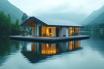 A floating solar power plant on a serene lake, symbolizing innovation in renewable energy