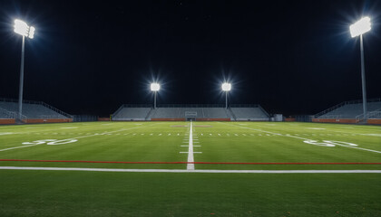 Fototapeta premium A football field under symmetrical stadium lighting at night, highlighting the field's central line and vibrant grass.