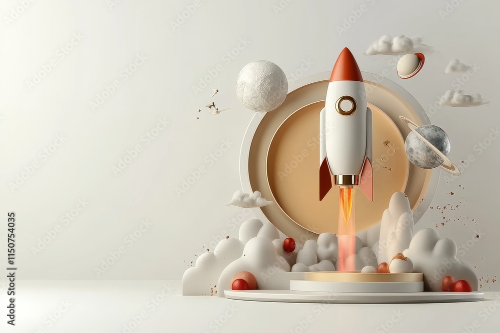 Poster creative rocket launch concept with clouds and planets set in a minimalistic environment