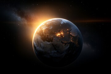 Fototapeta premium Earth glowing at sunrise with cosmic backdrop visible from space showcasing vibrant colors and details