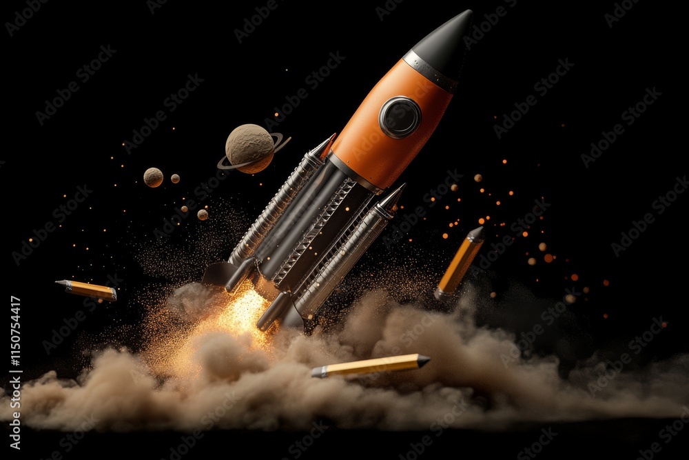 Poster rocket launching into space, surrounded by planets and pencils, creating a cloud of dust and sparks
