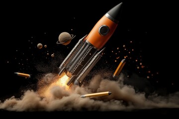 Rocket launching into space, surrounded by planets and pencils, creating a cloud of dust and sparks
