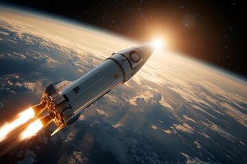 Obraz premium Rocket launches into space, leaving Earth's atmosphere behind at sunrise