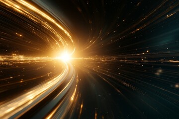 Fototapeta premium Bright light glimmers in a swirling cosmic scene with golden trails and a dark backdrop