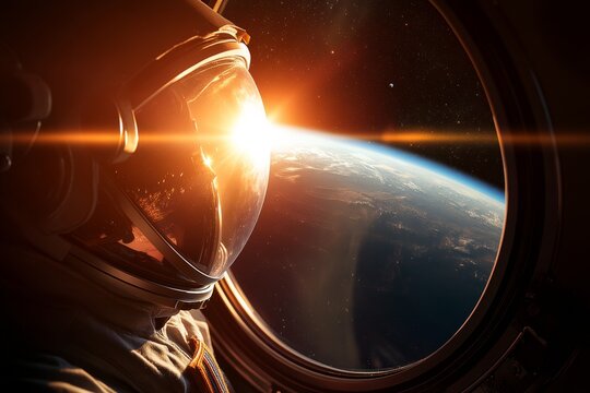 Astronaut observes sunrise over Earth from spacecraft window in low Earth orbit