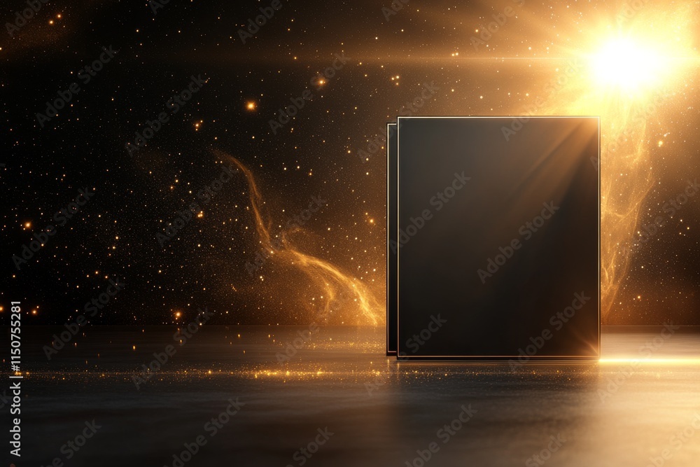 Poster mysterious black box illuminated by ethereal light in a cosmic setting