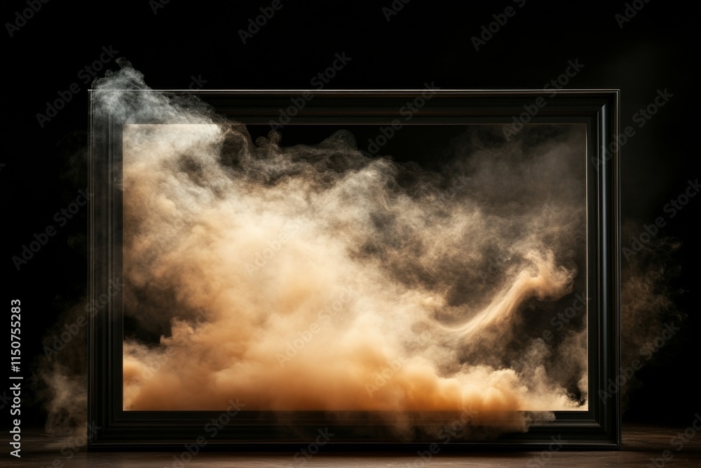 Poster smoke billows within a black frame creating an ethereal and dreamlike atmosphere in a dimly lit spac