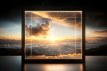 Sunset viewed through a glass cube over clouds creates a surreal visual experience