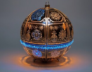 A stunning metallic Christmas ornament with intricate snowflake designs, glowing with blue LED...