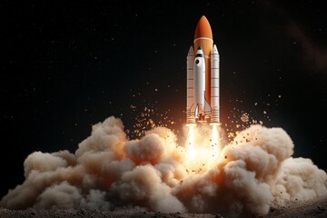Fototapeta premium Rocket launches into the night sky, leaving a trail of smoke and fire during an exciting space exploration mission