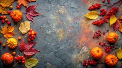 Autumnal Harvest A Still Life of Miniature Pumpkins, Vibrant Leaves, and Red Berries on a Textured Background